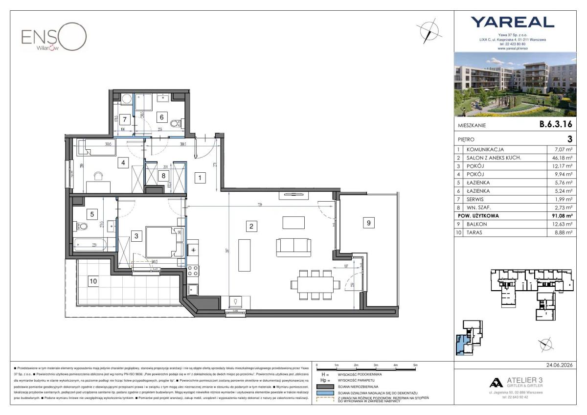 3 rooms · 91,1 m² · Floor 3 · Unit B.6.3.16