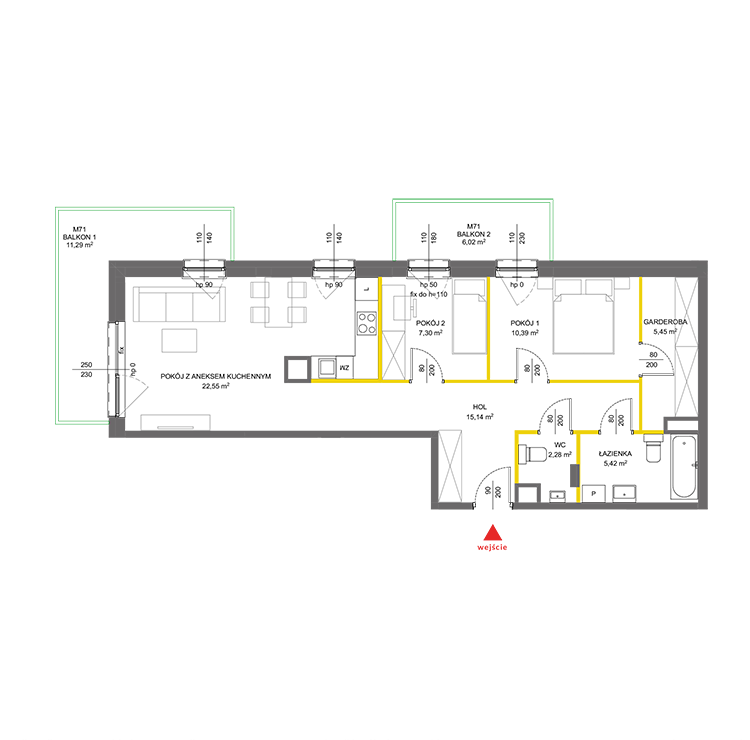 3 кімнат · 68,5 m² · Поверх 1 · Квартира 71