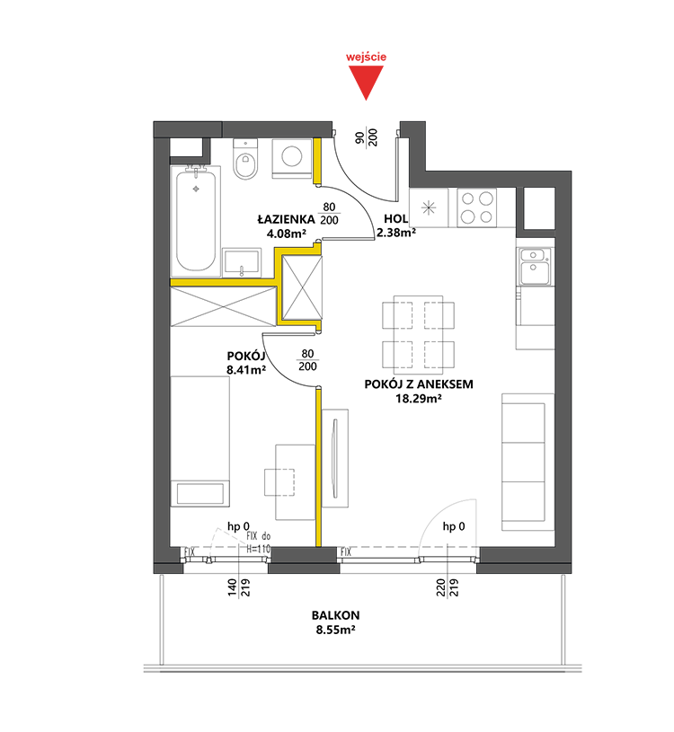 2 pokoje · 33,2 m² · Piętro 5 · Lokal 108