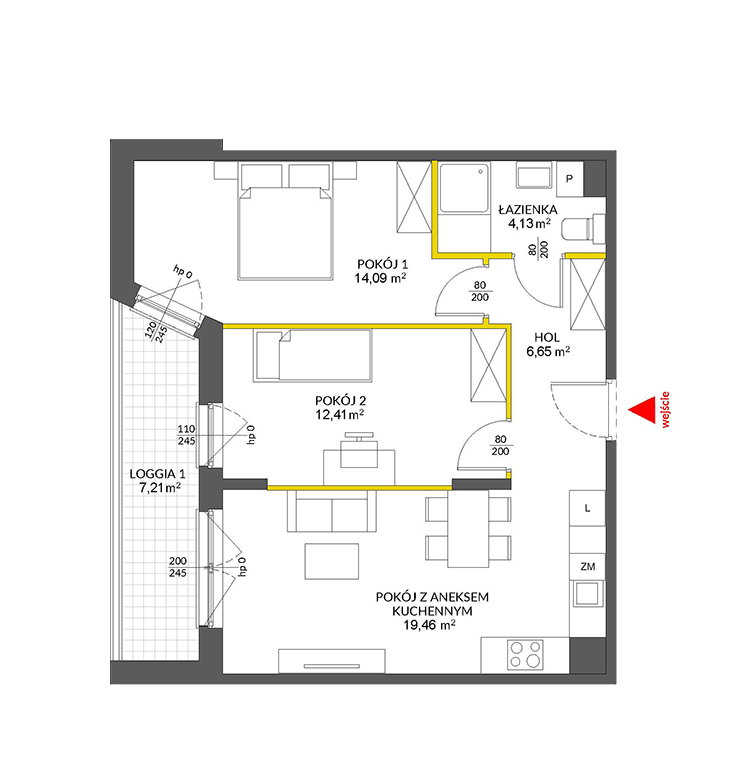 3 rooms · 58,1 m² · Floor 2 · Unit 22