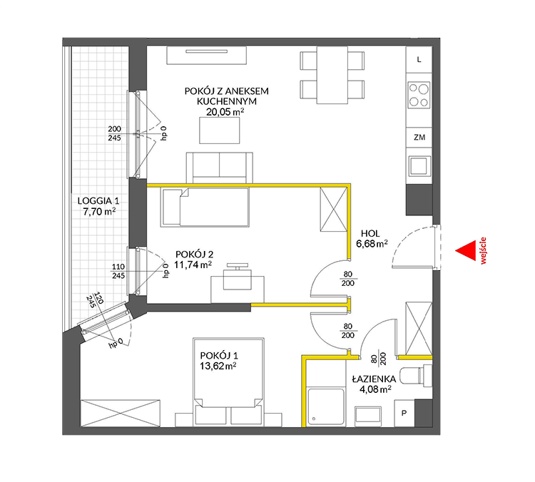3 rooms · 57,5 m² · Floor 1 · Unit 49