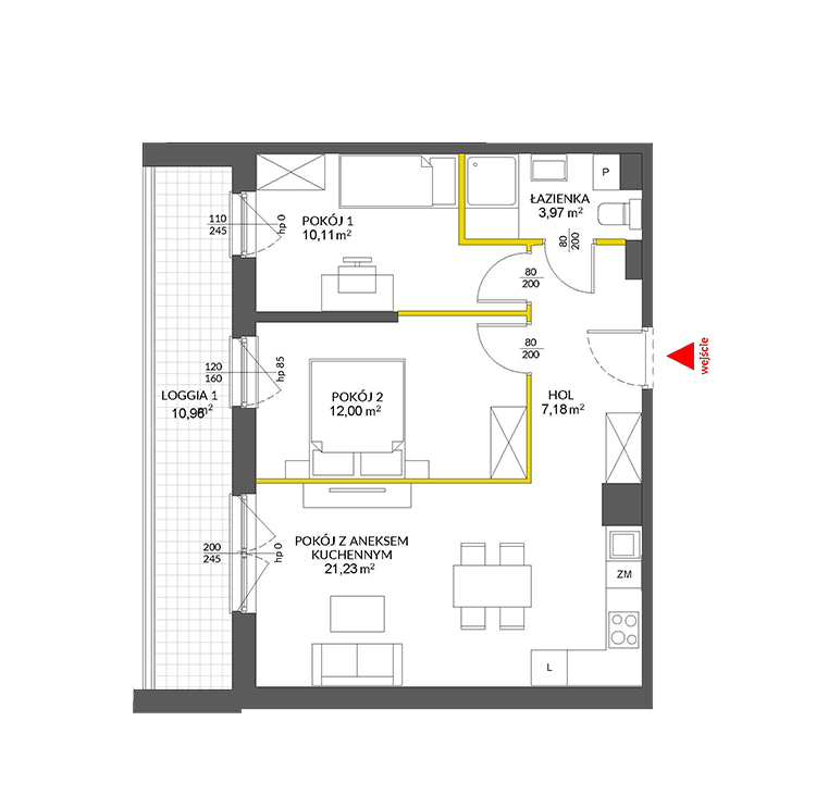 3 rooms · 55,8 m² · Floor 1 · Unit 52