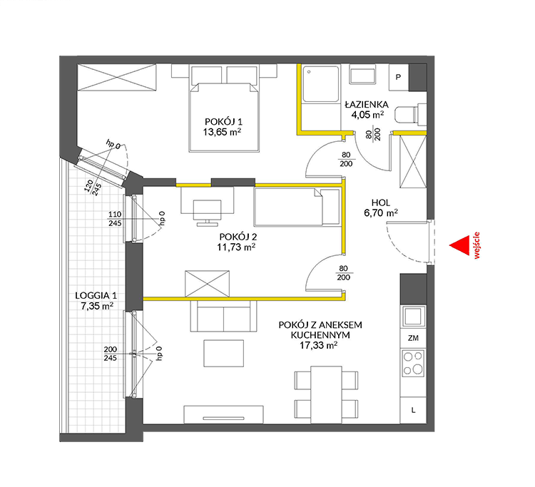 3 rooms · 54,8 m² · Floor 2 · Unit 60
