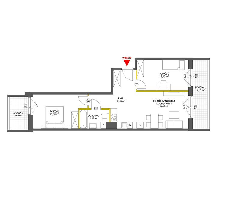3 rooms · 59,5 m² · Floor 3 · Unit 124