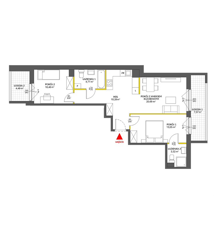 3 rooms · 64,1 m² · Floor 1 · Unit 129