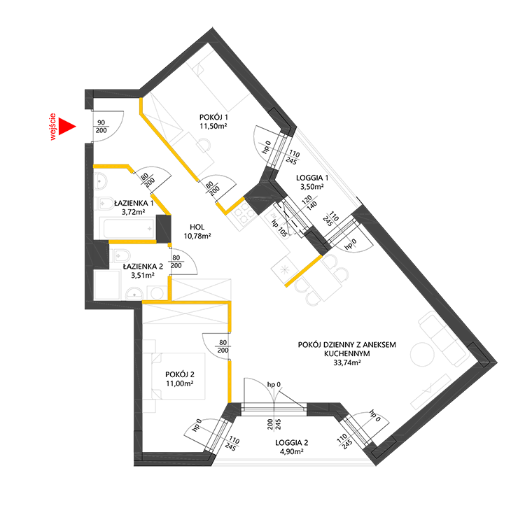 3 rooms · 74,3 m² · Floor 2 · Unit 113