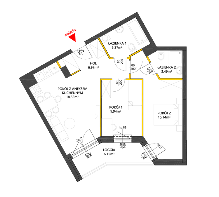 3 rooms · 59,4 m² · Floor 2 · Unit 28