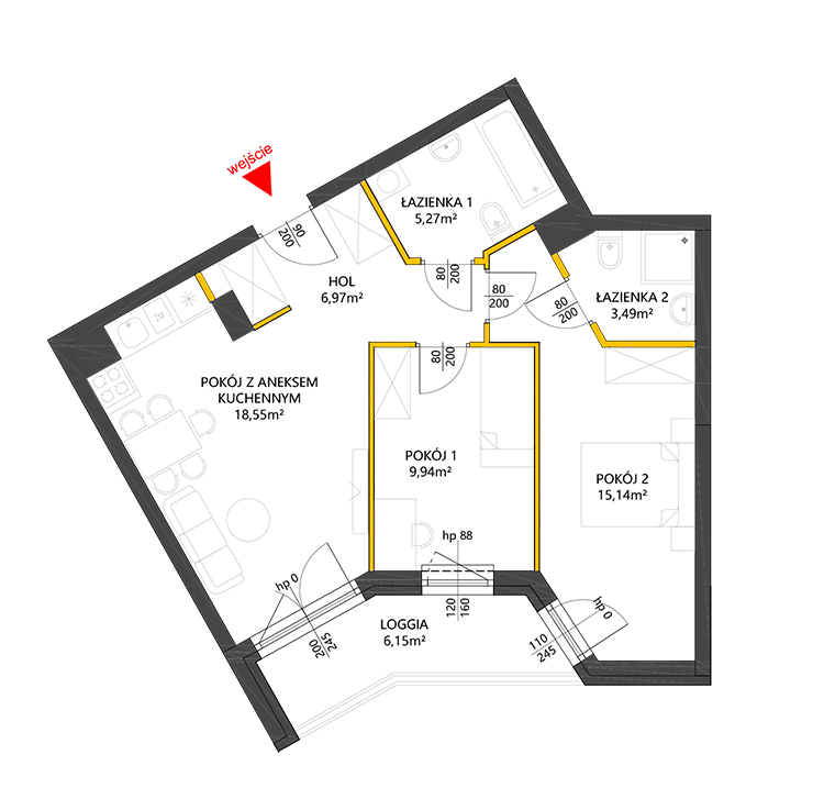 3 rooms · 59,4 m² · Floor 4 · Unit 54