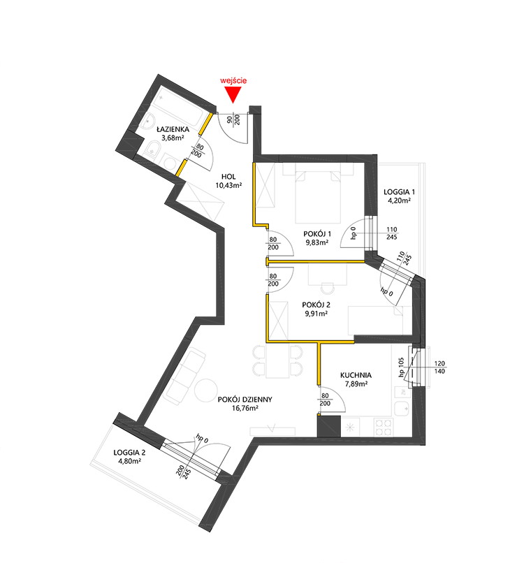 3 rooms · 58,5 m² · Floor 4 · Unit 63