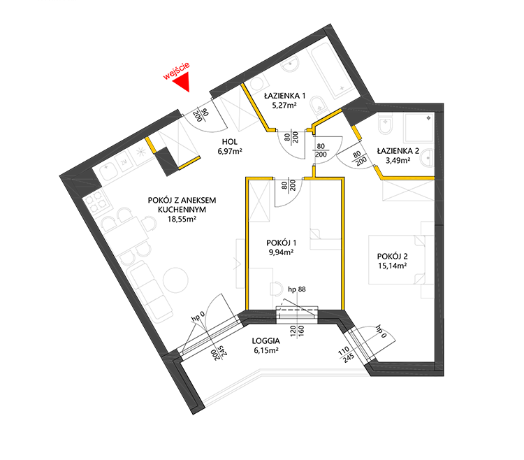 3 rooms · 59,4 m² · Floor 5 · Unit 67