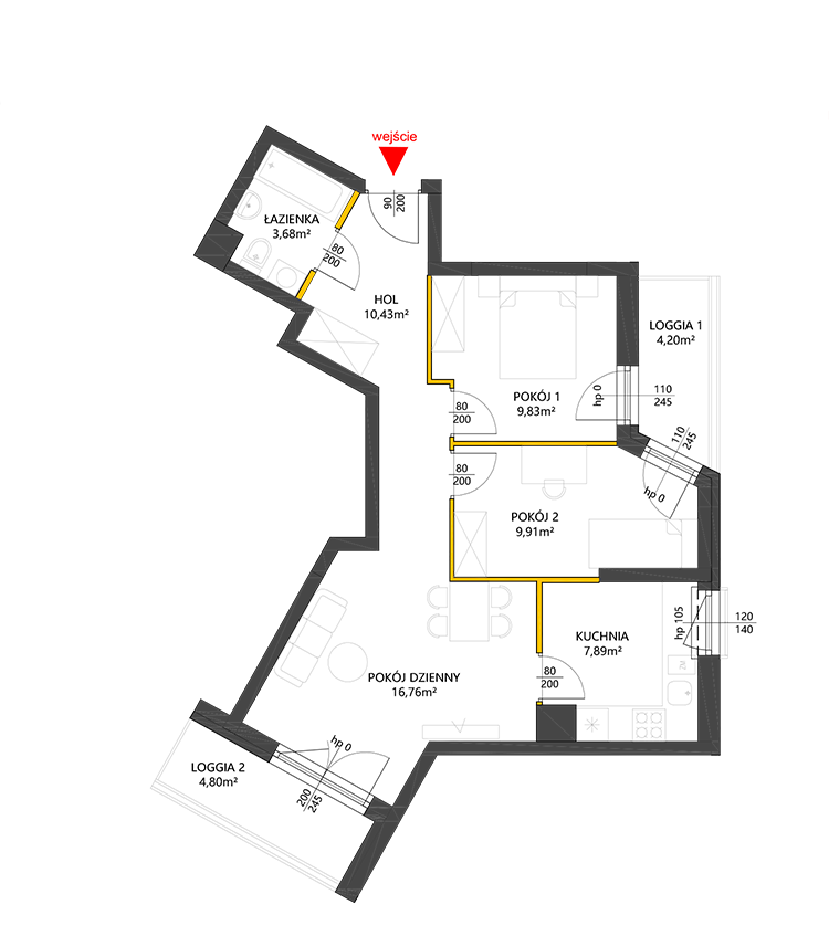 3 rooms · 58,5 m² · Floor 5 · Unit 76