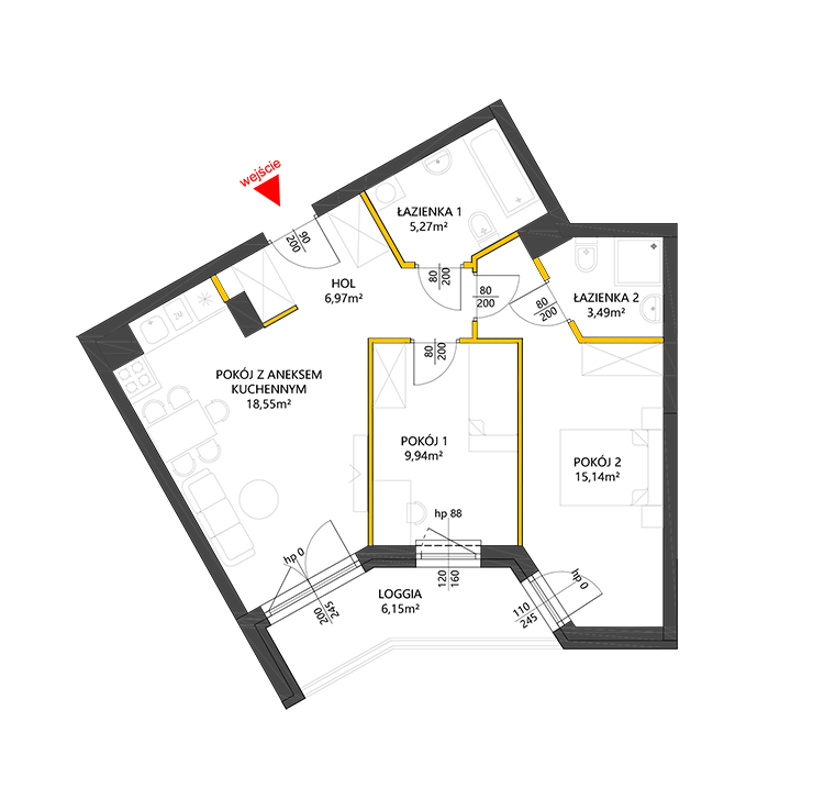 3 rooms · 59,4 m² · Floor 6 · Unit 80