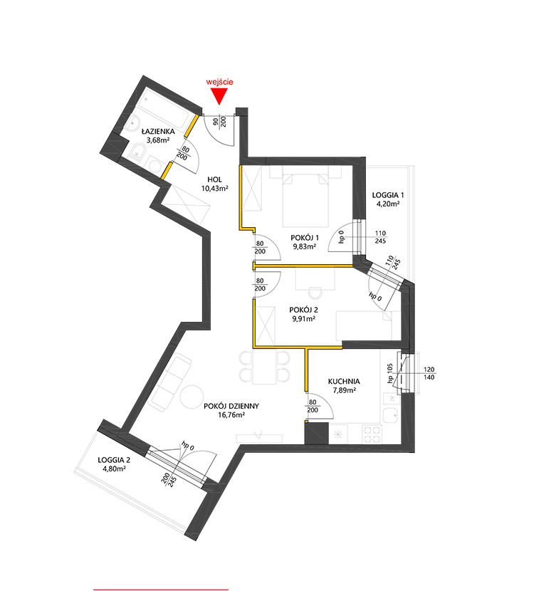 3 rooms · 58,5 m² · Floor 6 · Unit 89