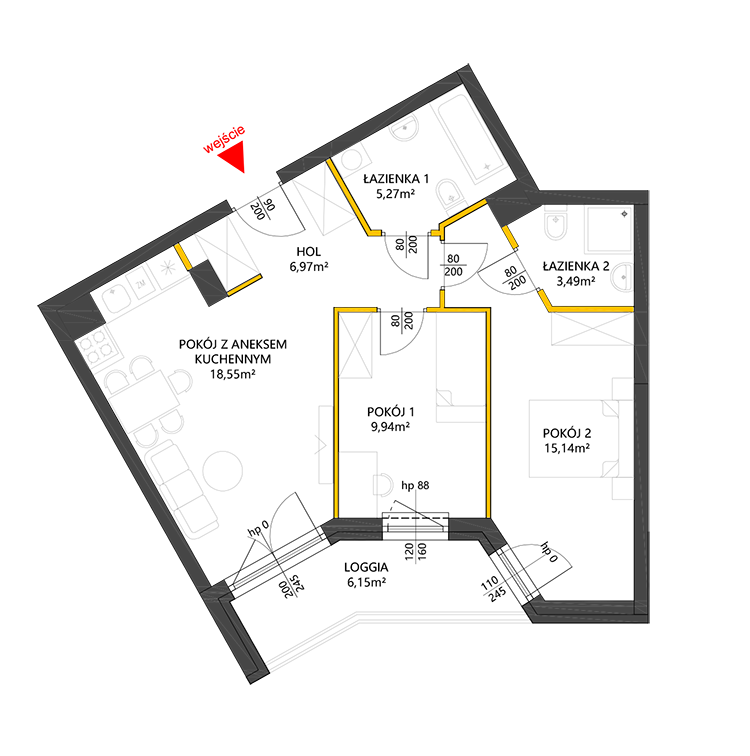 3 rooms · 59,4 m² · Floor 7 · Unit 93