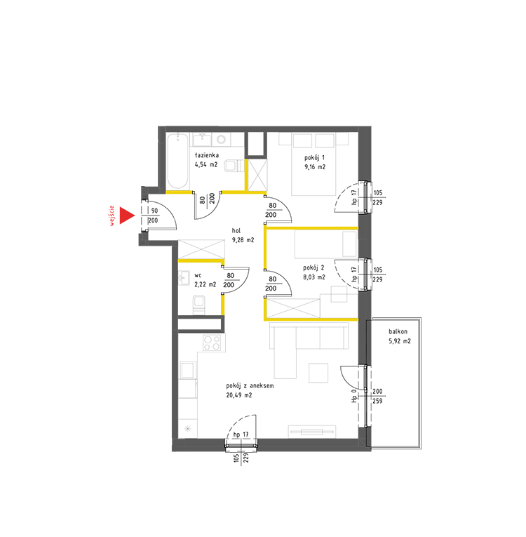 3 rooms · 54,4 m² · Floor 2 · Unit 46