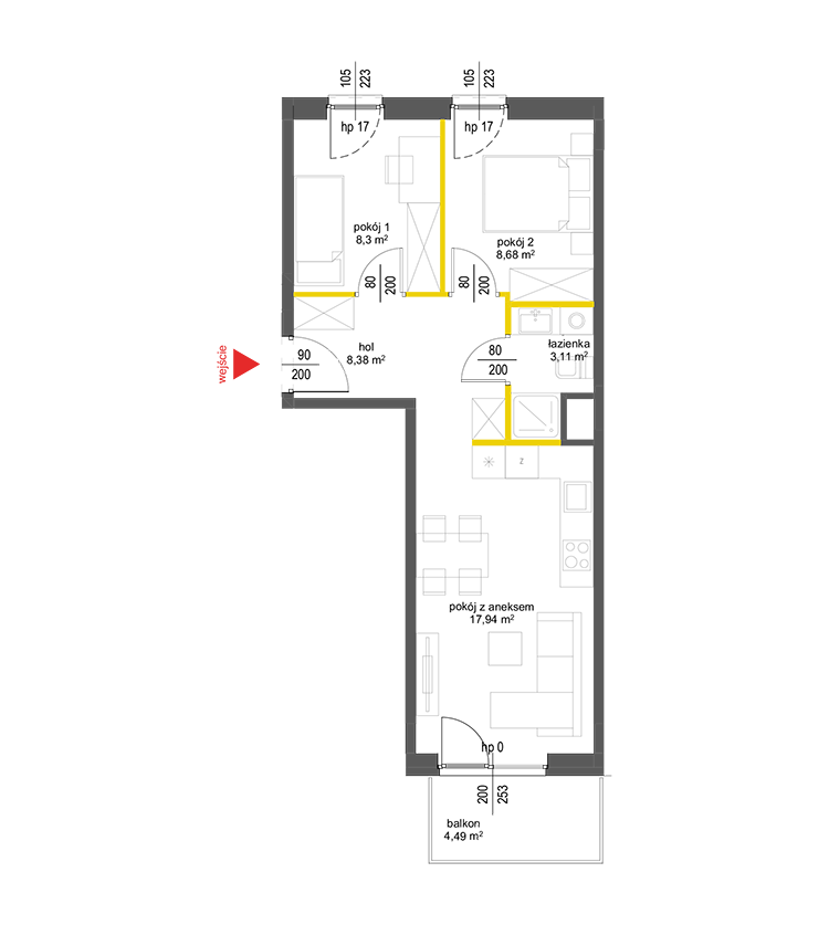3 rooms · 46,4 m² · Floor 3 · Unit 50