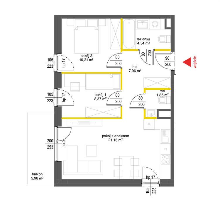 3 pokoje · 54,1 m² · Piętro 2 · Lokal 21
