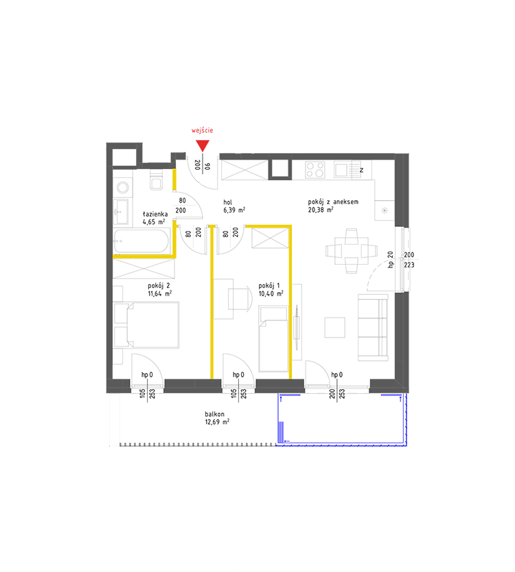 3 rooms · 53,4 m² · Floor 2 · Unit 58