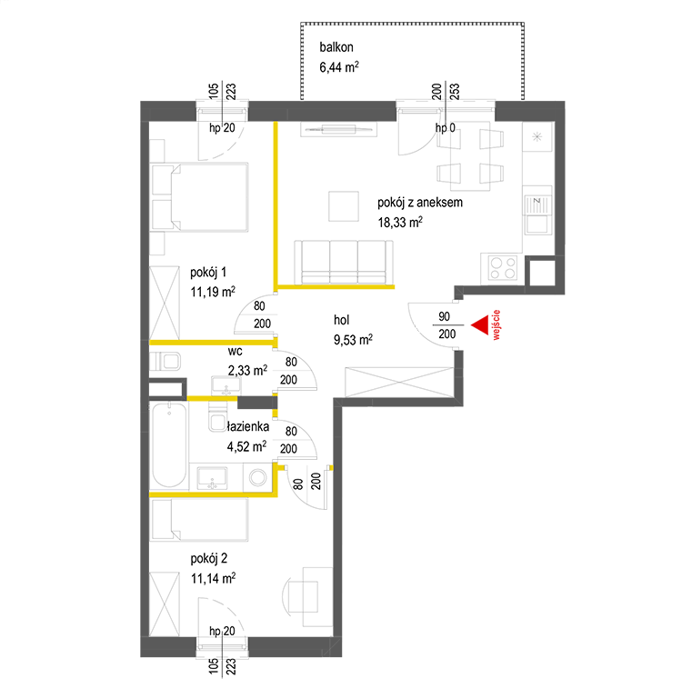 3 rooms · 57 m² · Floor 2 · Unit 53