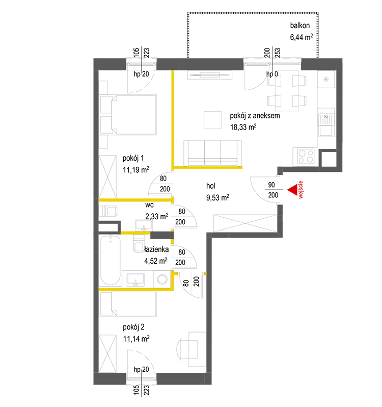 3 rooms · 57 m² · Floor 3 · Unit 57