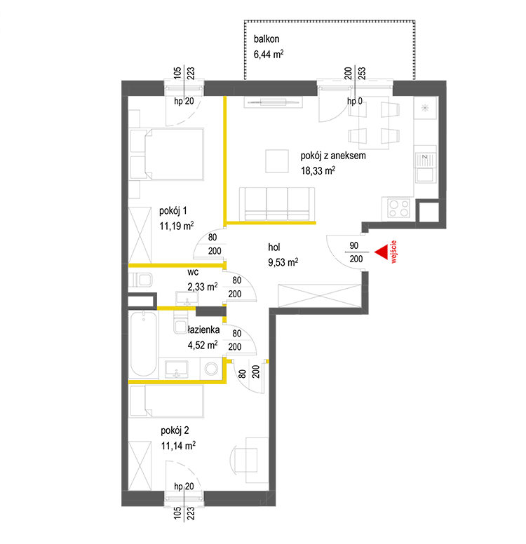 3 rooms · 57 m² · Floor 4 · Unit 61