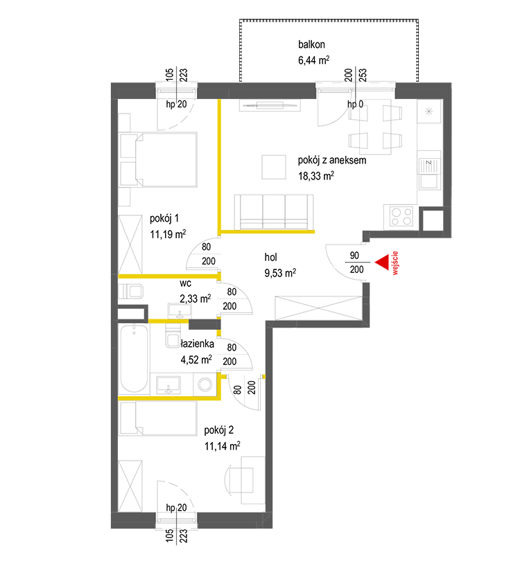 3 rooms · 57 m² · Floor 5 · Unit 65