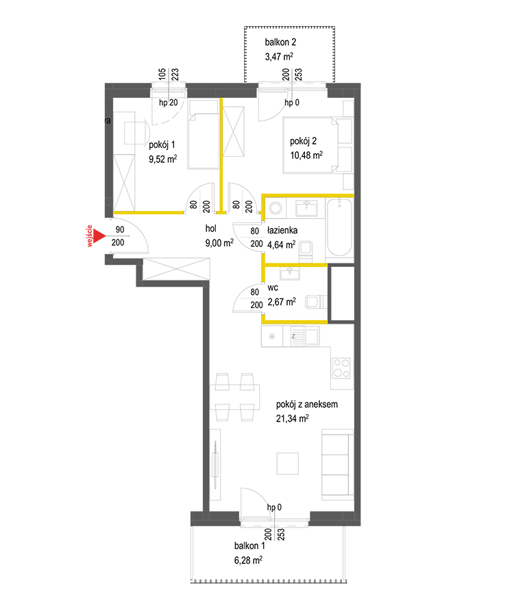3 rooms · 57,7 m² · Floor 3 · Unit 74