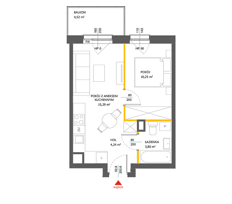 2 rooms · 33,6 m² · Floor 2 · Unit 62
